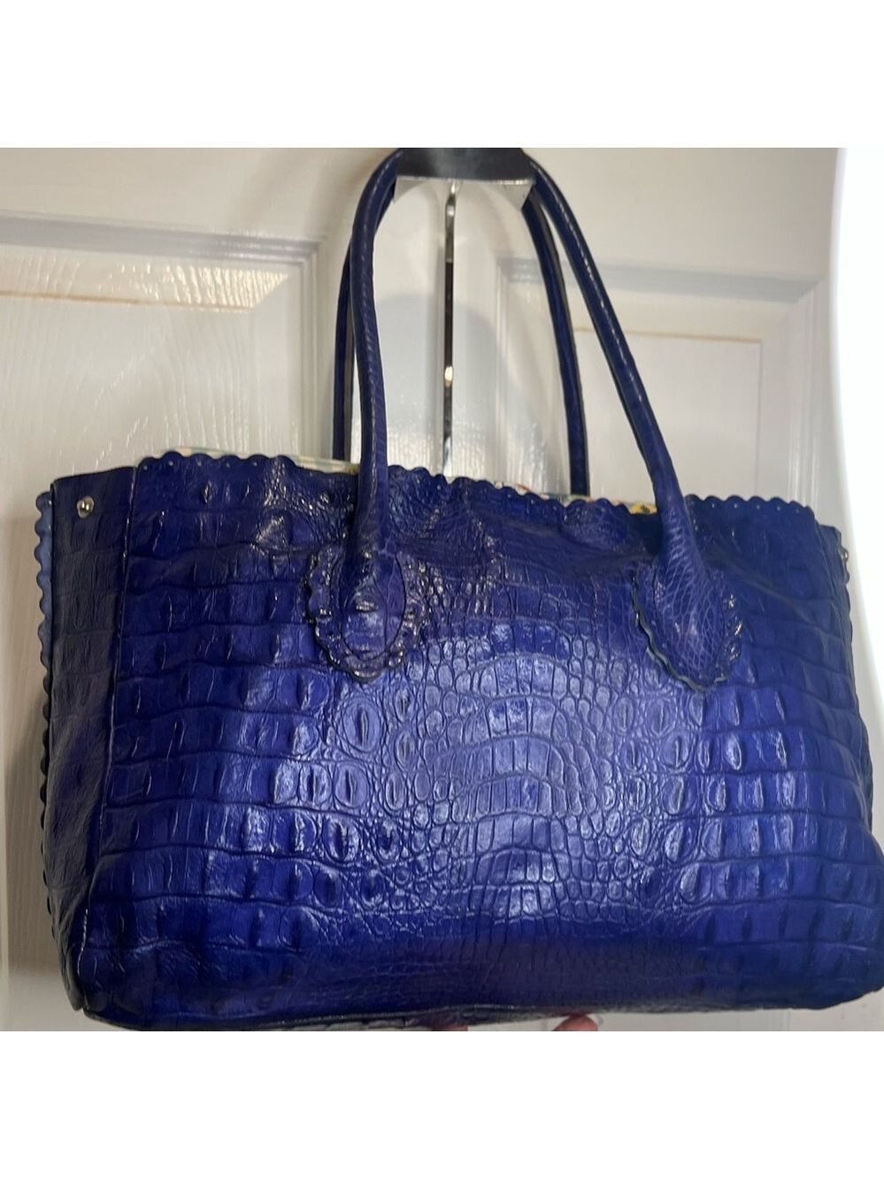 FURLA LEATHER (CANDY BAG) CROCODILE EMBOSSED SATCHEL TOTE PURPLE/BLUE - Picture 4 of 15